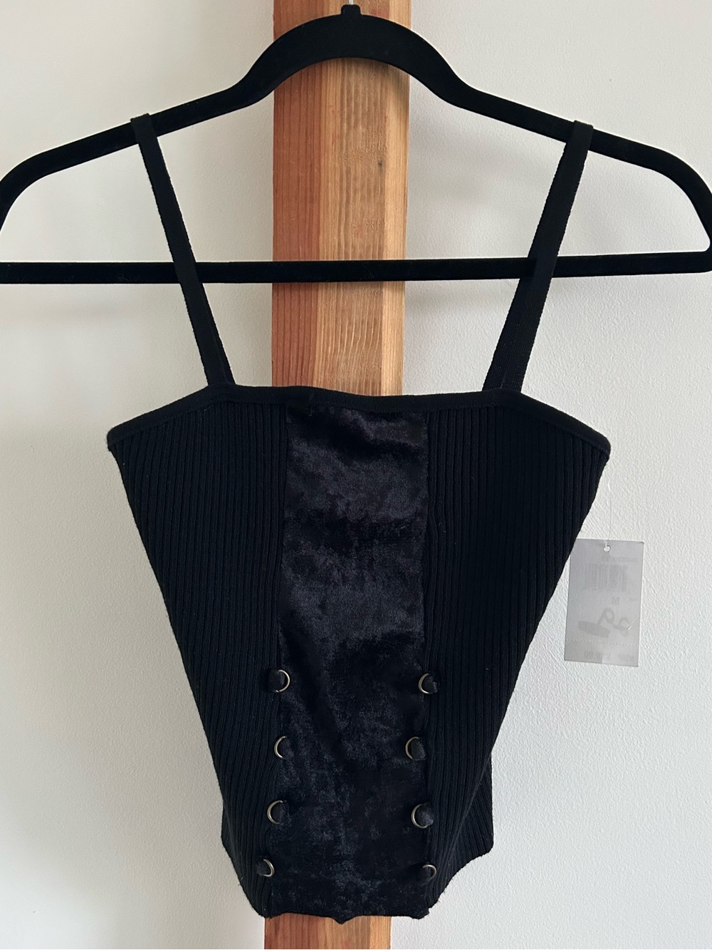 XOXO Black Ribbed Corset-Style Tank with Velvet Panel